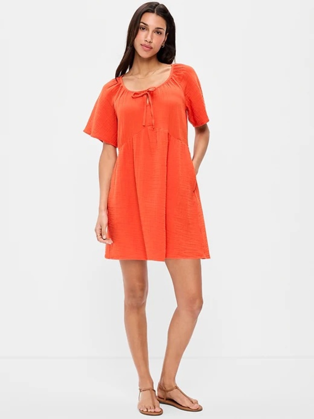 Old Navy Crinkle Gauze Flutter Sleeve Mini Swing Dress Pockets Orange XL Cotton